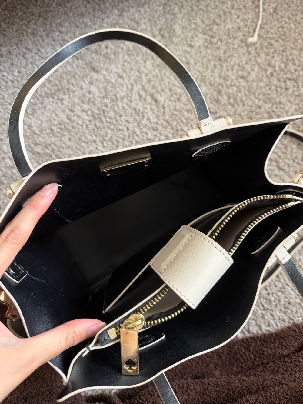 kate spade Cream Leather Structured Tote with Gold Logo Plate - Picture 3 of 7